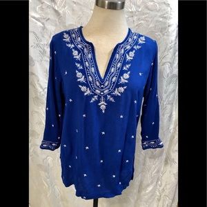 CATHY DANIELS BLUE BANDANA 3/4 SLEEVE SHIRT TUNIC